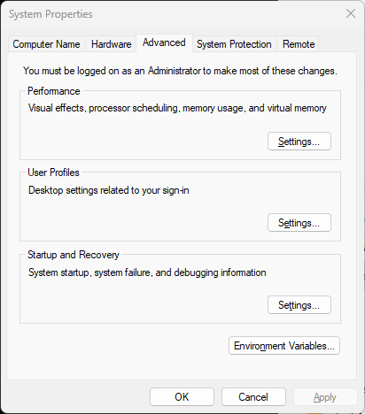 Windows system properties.